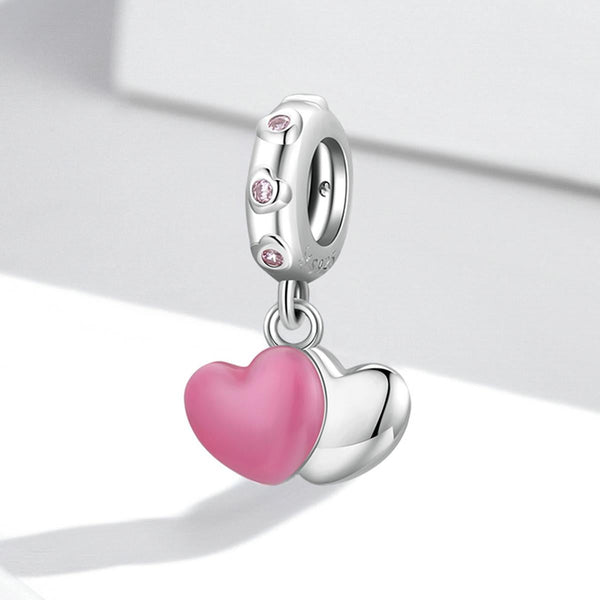 Double Love Hearts Enamel Sterling Silver CZ Bead Charm Pendant Bracelet Necklace