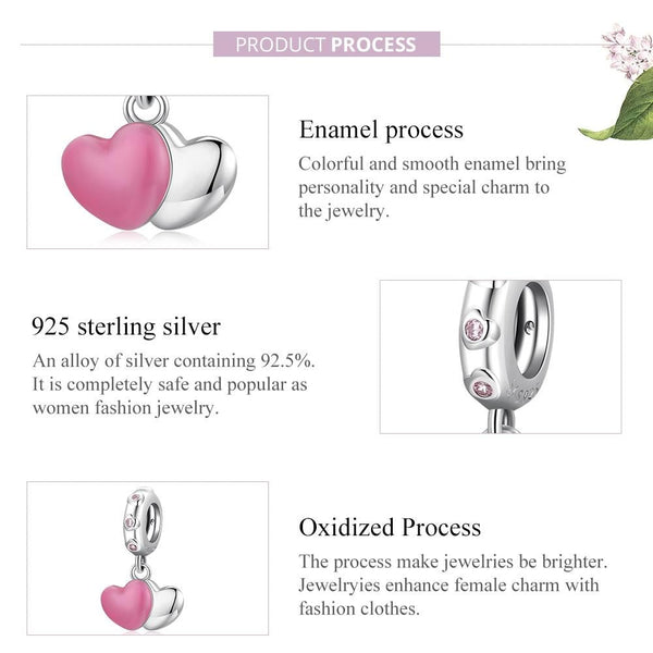 Double Love Hearts Enamel Sterling Silver CZ Bead Charm Pendant Bracelet Necklace