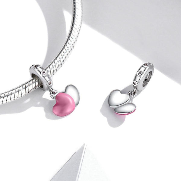 Double Love Hearts Enamel Sterling Silver CZ Bead Charm Pendant Bracelet Necklace