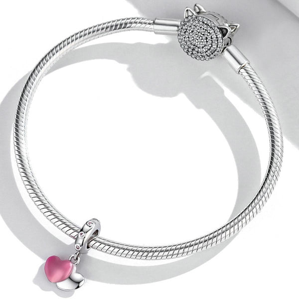 Double Love Hearts Enamel Sterling Silver CZ Bead Charm Pendant Bracelet Necklace