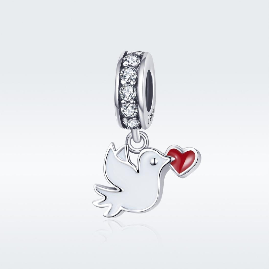 Dove Heart Love Enamel Sterling Silver Zircon CZ Bead Charm Bracelet Necklace