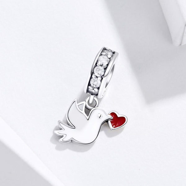 Dove Heart Love Enamel Sterling Silver Zircon CZ Bead Charm Bracelet Necklace