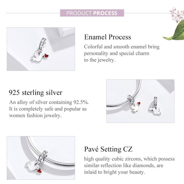 Dove Heart Love Enamel Sterling Silver Zircon CZ Bead Charm Bracelet Necklace