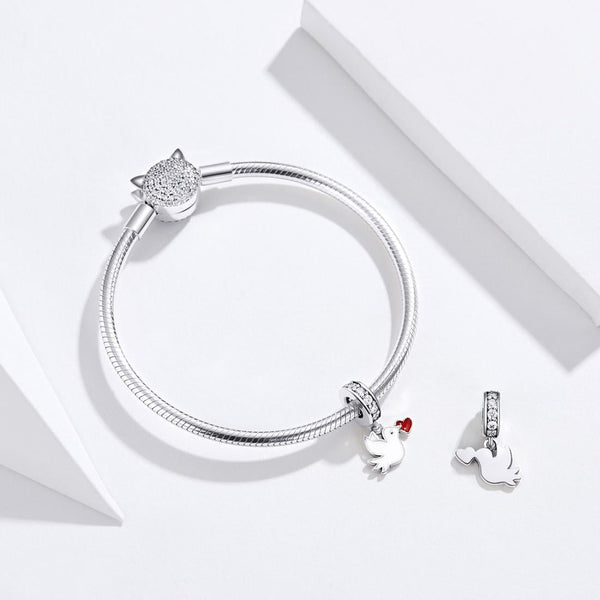 Dove Heart Love Enamel Sterling Silver Zircon CZ Bead Charm Bracelet Necklace