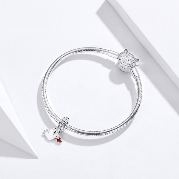 Dove Heart Love Enamel Sterling Silver Zircon CZ Bead Charm Bracelet Necklace