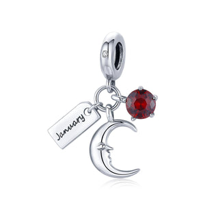 Garnet January Birthstone Moon Sterling Silver Zircon CZ Bead Charm Bracelet Necklace