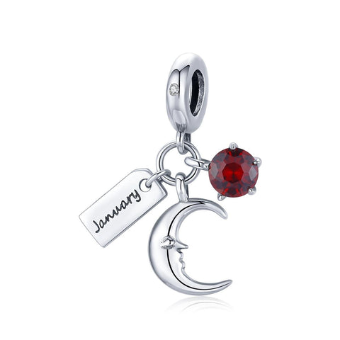 Garnet January Birthstone Moon Sterling Silver Zircon CZ Bead Charm Bracelet Necklace