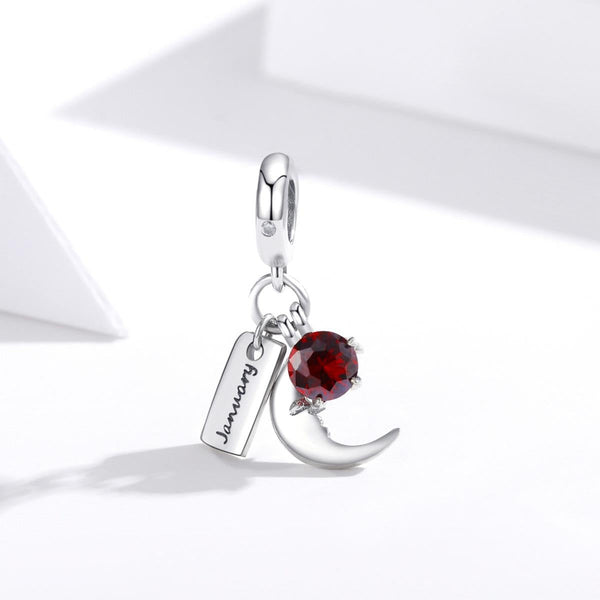 Garnet January Birthstone Moon Sterling Silver Zircon CZ Bead Charm Bracelet Necklace