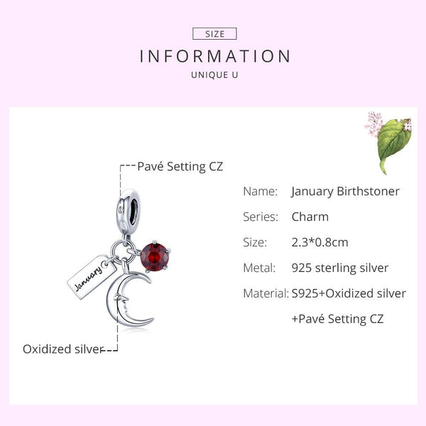 Garnet January Birthstone Moon Sterling Silver Zircon CZ Bead Charm Bracelet Necklace