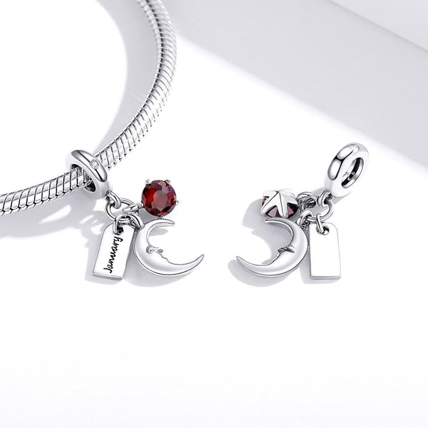 Garnet January Birthstone Moon Sterling Silver Zircon CZ Bead Charm Bracelet Necklace