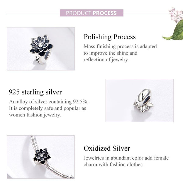 Lotus Flower Sterling Silver Bead Charm Bracelet Necklace Pendant