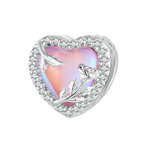 Pink Glass Heart Rose Sterling Silver Zircon CZ Bead Charm Bracelet Necklace