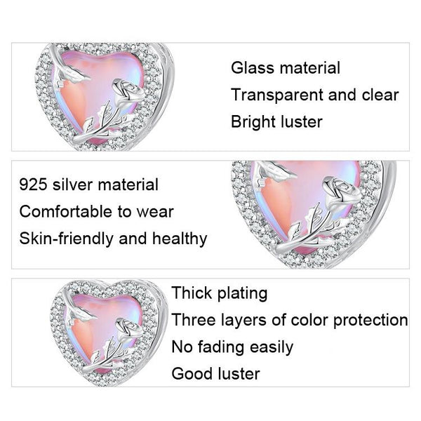 Pink Glass Heart Rose Sterling Silver Zircon CZ Bead Charm Bracelet Necklace