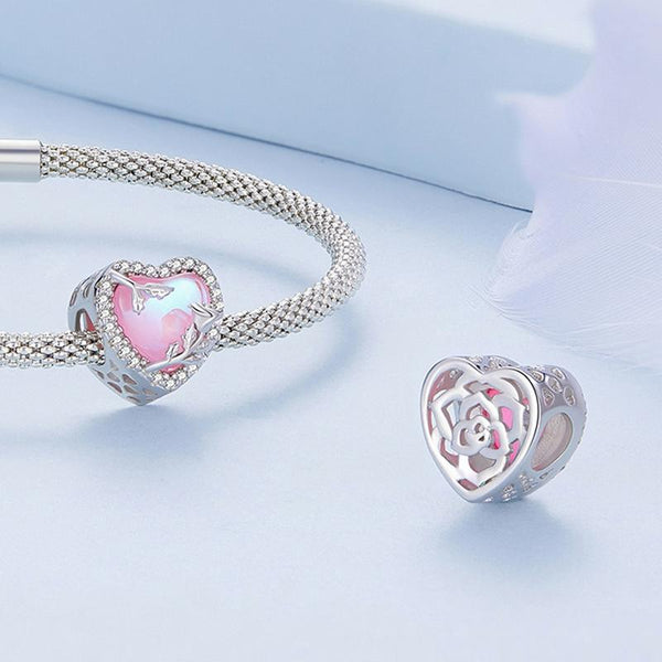 Pink Glass Heart Rose Sterling Silver Zircon CZ Bead Charm Bracelet Necklace