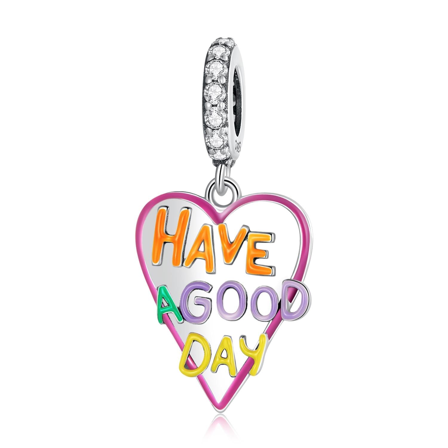 Have A Good Day Heart Enamel Sterling Silver CZ Bead Charm Bracelet Necklace
