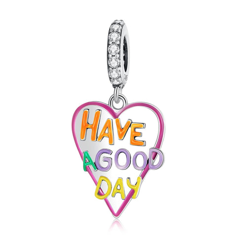 Have A Good Day Heart Enamel Sterling Silver CZ Bead Charm Bracelet Necklace