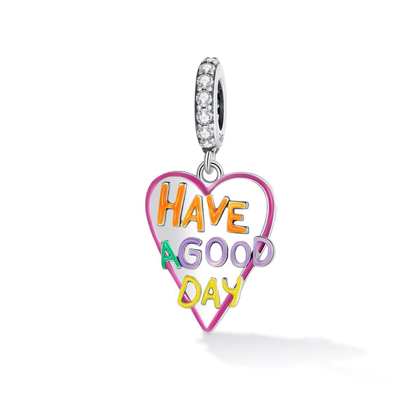 Have A Good Day Heart Enamel Sterling Silver CZ Bead Charm Bracelet Necklace