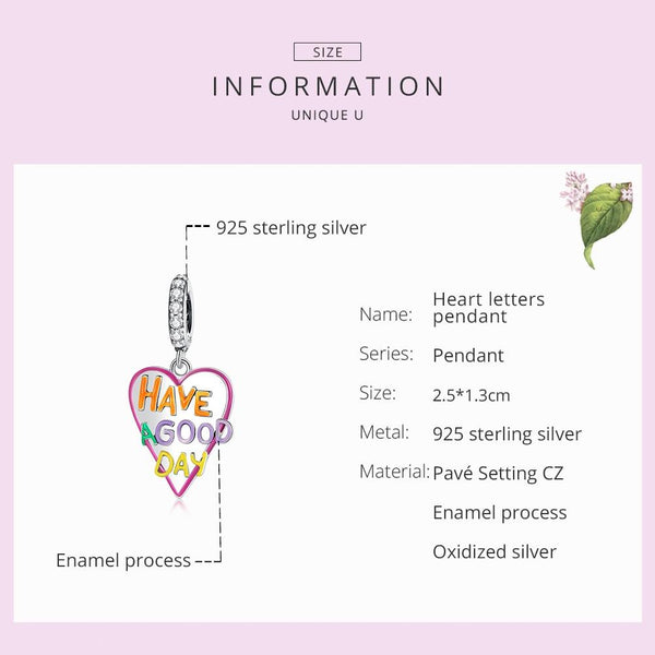Have A Good Day Heart Enamel Sterling Silver CZ Bead Charm Bracelet Necklace