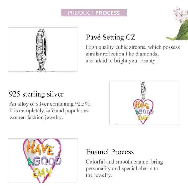 Have A Good Day Heart Enamel Sterling Silver CZ Bead Charm Bracelet Necklace