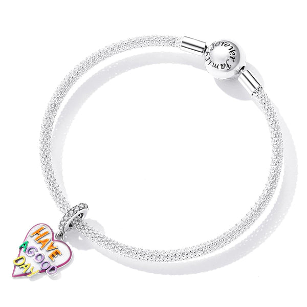 Have A Good Day Heart Enamel Sterling Silver CZ Bead Charm Bracelet Necklace