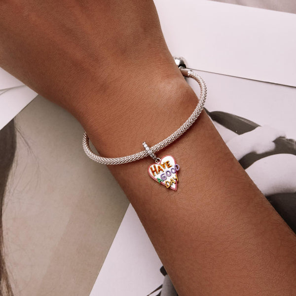 Have A Good Day Heart Enamel Sterling Silver CZ Bead Charm Bracelet Necklace