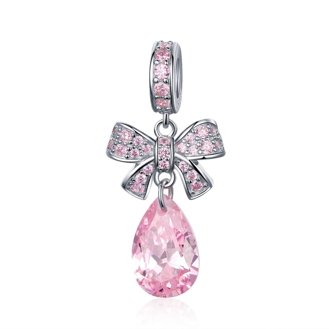 Pink Bow Know Crystal Sterling Silver CZ Bead Charm Pendant Bracelet Necklace