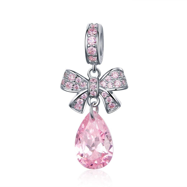 Pink Bow Know Crystal Sterling Silver CZ Bead Charm Pendant Bracelet Necklace