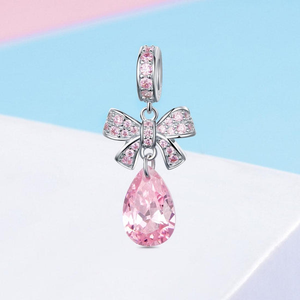 Pink Bow Know Crystal Sterling Silver CZ Bead Charm Pendant Bracelet Necklace