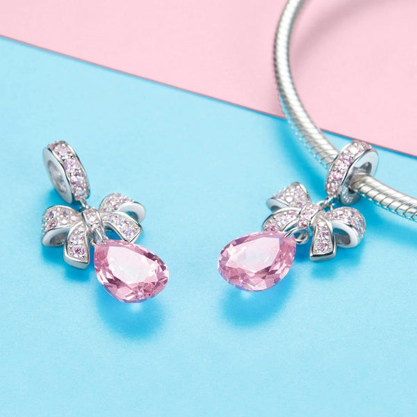 Pink Bow Know Crystal Sterling Silver CZ Bead Charm Pendant Bracelet Necklace