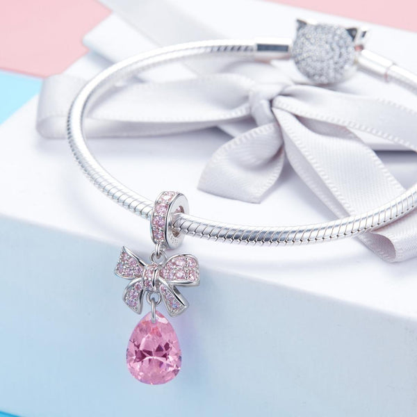 Pink Bow Know Crystal Sterling Silver CZ Bead Charm Pendant Bracelet Necklace