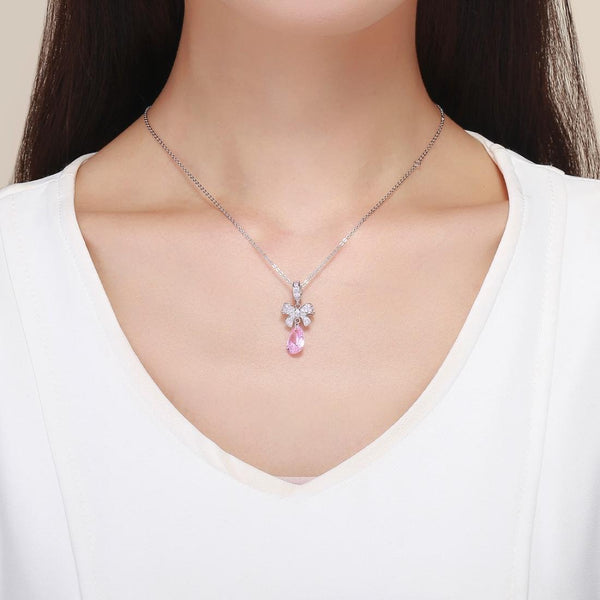 Pink Bow Know Crystal Sterling Silver CZ Bead Charm Pendant Bracelet Necklace