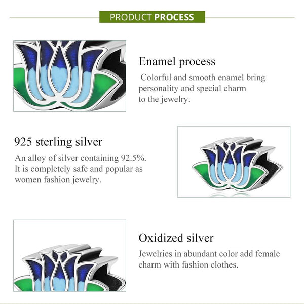 Blue Green Lotus Flower Enamel Sterling Silver Bead Charm Bracelet Necklace