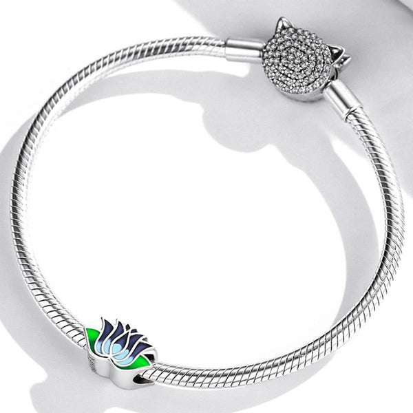 Blue Green Lotus Flower Enamel Sterling Silver Bead Charm Bracelet Necklace
