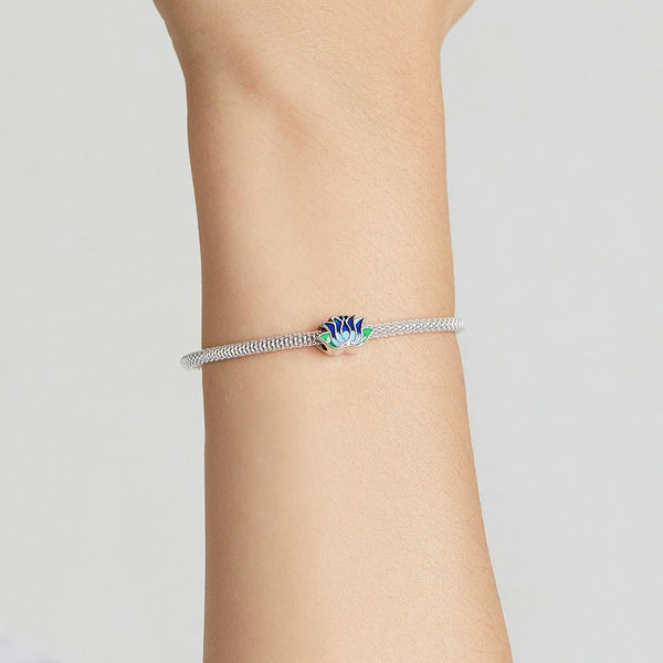 Blue Green Lotus Flower Enamel Sterling Silver Bead Charm Bracelet Necklace