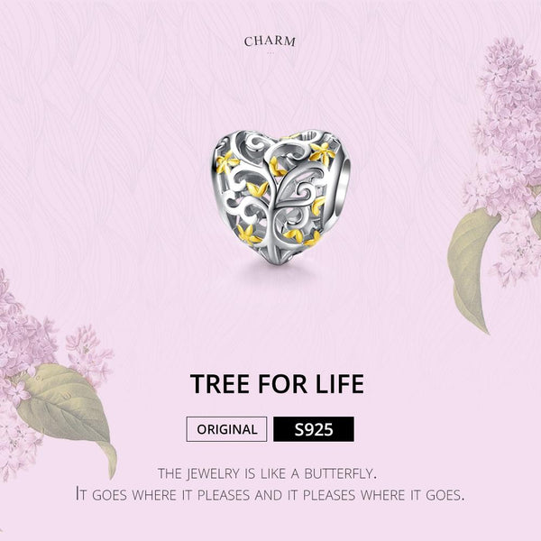 Tree Of Life Heart Sterling Silver Bead Charm Pendant Bracelet Necklace
