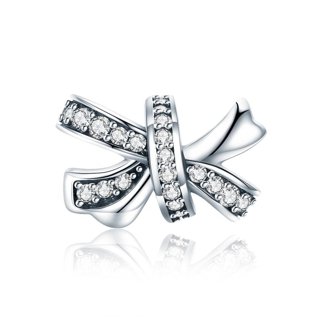 Bow Sterling Silver Zircon CZ Bead Charm Pendant Bracelet Necklace