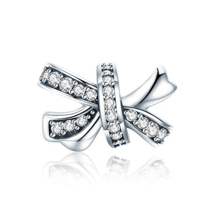 Bow Sterling Silver Zircon CZ Bead Charm Pendant Bracelet Necklace