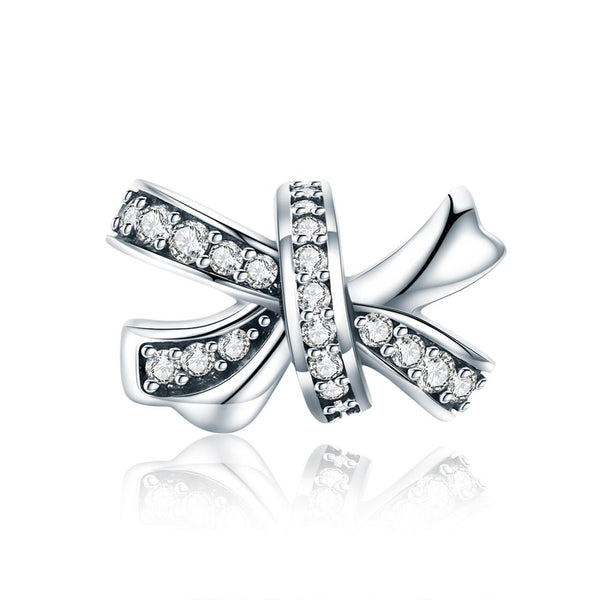 Bow Sterling Silver Zircon CZ Bead Charm Pendant Bracelet Necklace