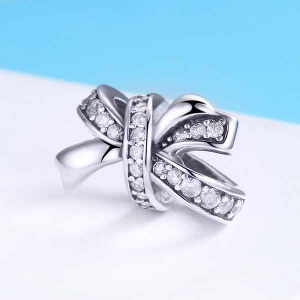 Bow Sterling Silver Zircon CZ Bead Charm Pendant Bracelet Necklace