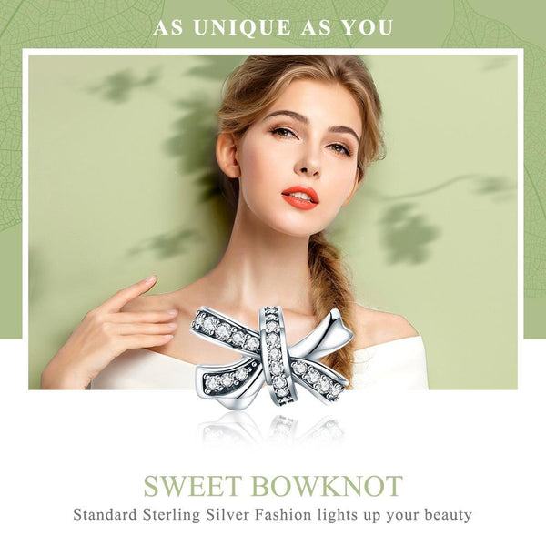 Bow Sterling Silver Zircon CZ Bead Charm Pendant Bracelet Necklace