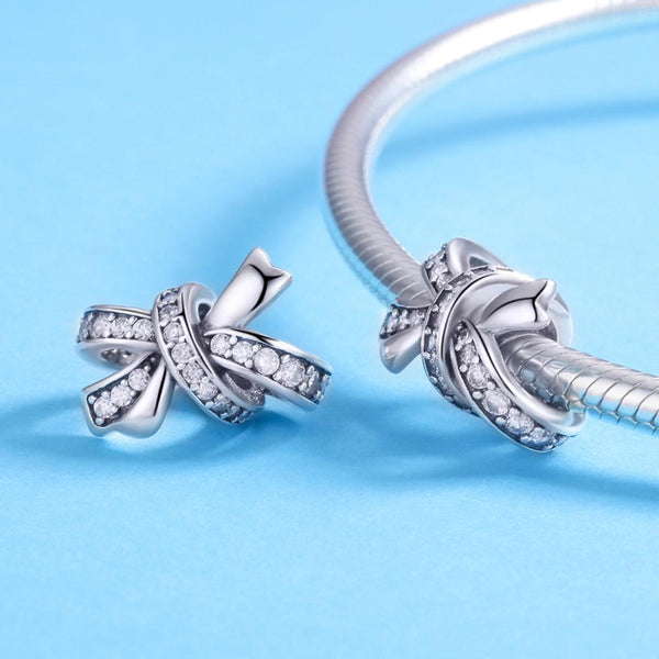 Bow Sterling Silver Zircon CZ Bead Charm Pendant Bracelet Necklace