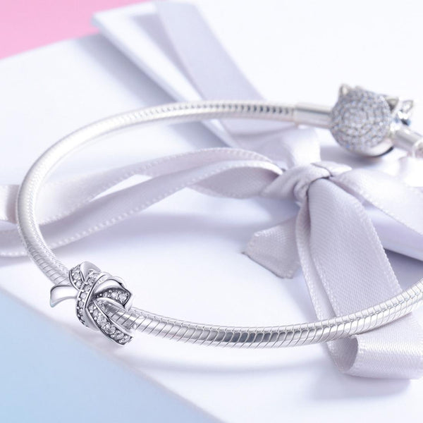 Bow Sterling Silver Zircon CZ Bead Charm Pendant Bracelet Necklace