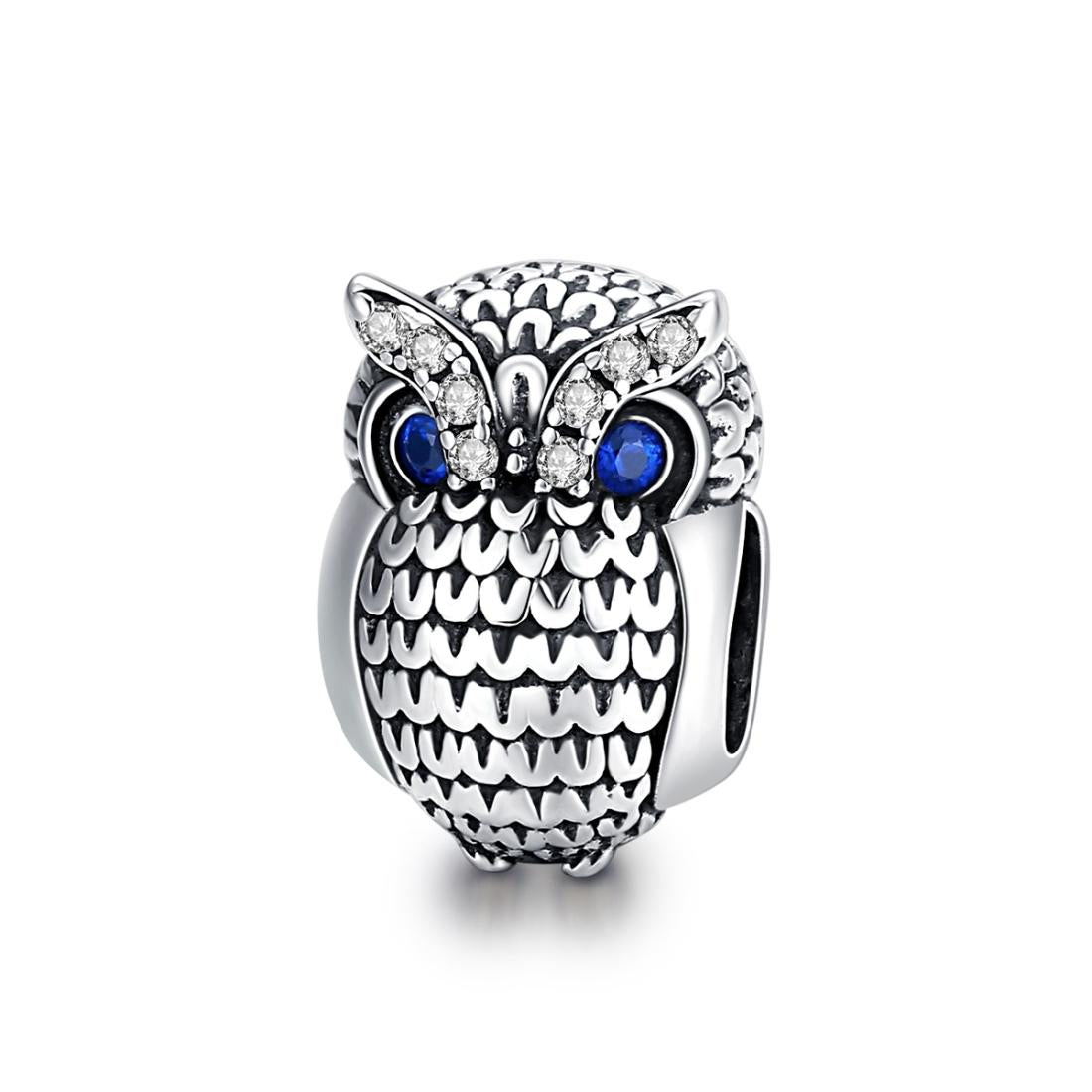 Owl Sterling Silver Zircon CZ Bead Charm Pendant Bracelet Necklace