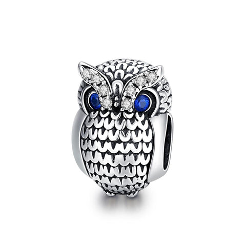 Owl Sterling Silver Zircon CZ Bead Charm Pendant Bracelet Necklace