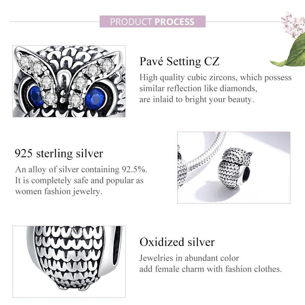 Owl Sterling Silver Zircon CZ Bead Charm Pendant Bracelet Necklace