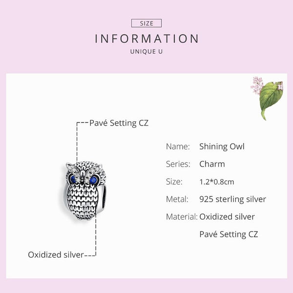 Owl Sterling Silver Zircon CZ Bead Charm Pendant Bracelet Necklace