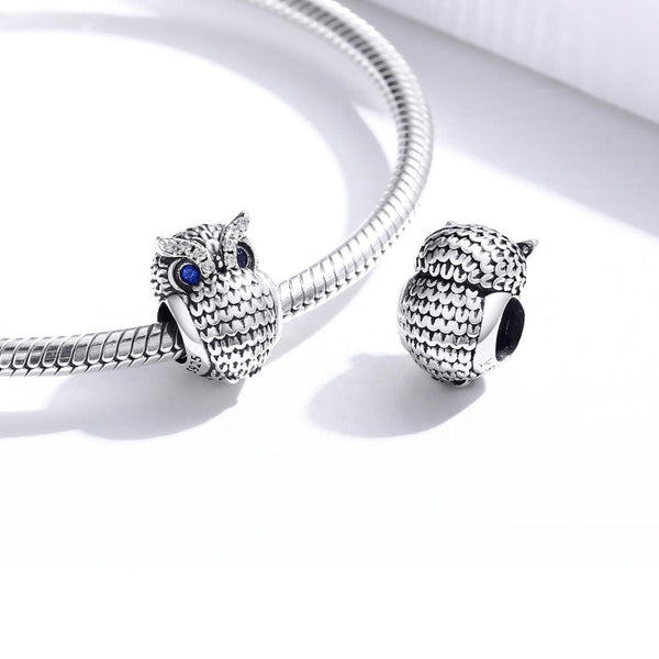 Owl Sterling Silver Zircon CZ Bead Charm Pendant Bracelet Necklace
