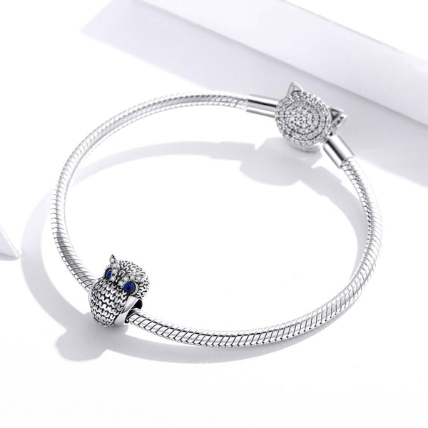 Owl Sterling Silver Zircon CZ Bead Charm Pendant Bracelet Necklace