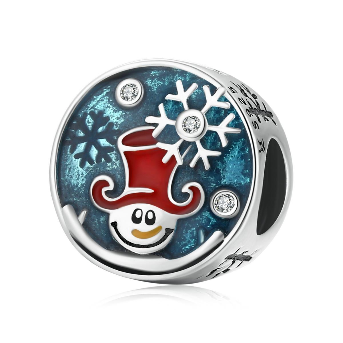 Happy Snowman Enamel Sterling Silver Ziron CZ Bead Charm Bracelet Necklace
