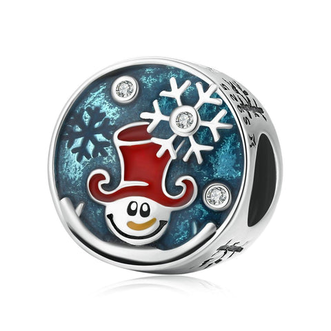 Happy Snowman Enamel Sterling Silver Ziron CZ Bead Charm Bracelet Necklace